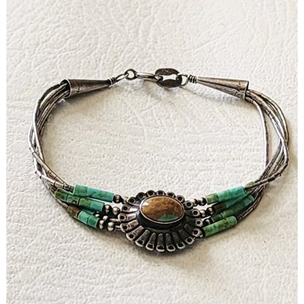 Sterling Silver 5 Strand Liquid Silver Concho Turquoise Bracelet 6.45g 7 Inches